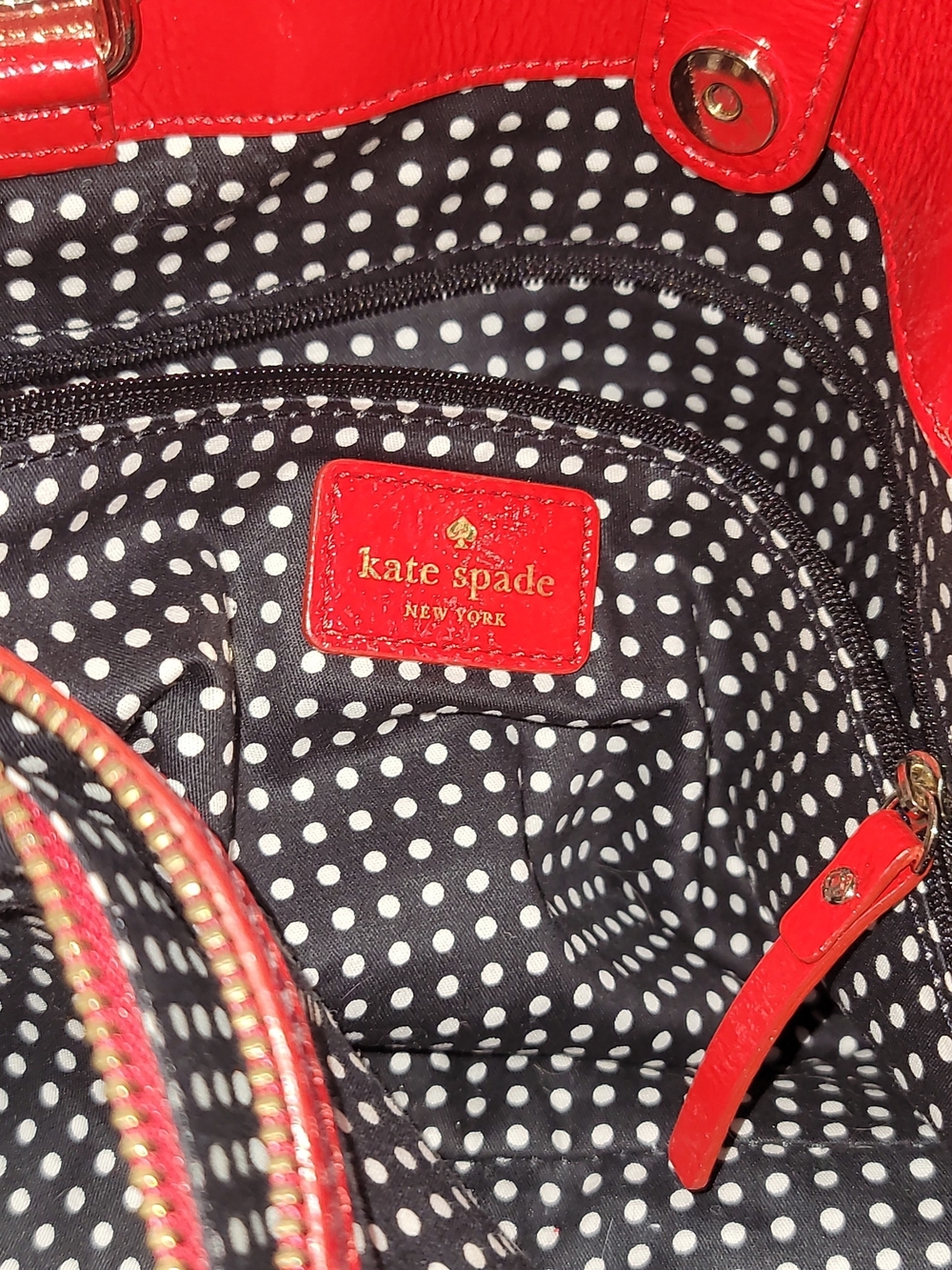 Kate Spade Black, White & Red w/Polka Dot Interior Patent Leather Shoulder Tote - Picture 12 of 15